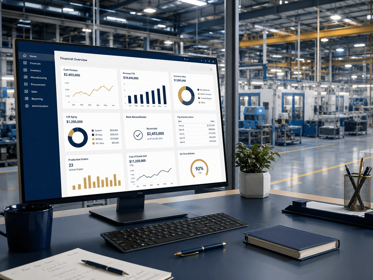Manufacturing financial dashboard overlooking a production facility